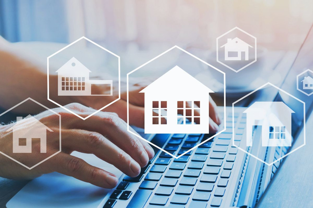 property management, house icon and laptop